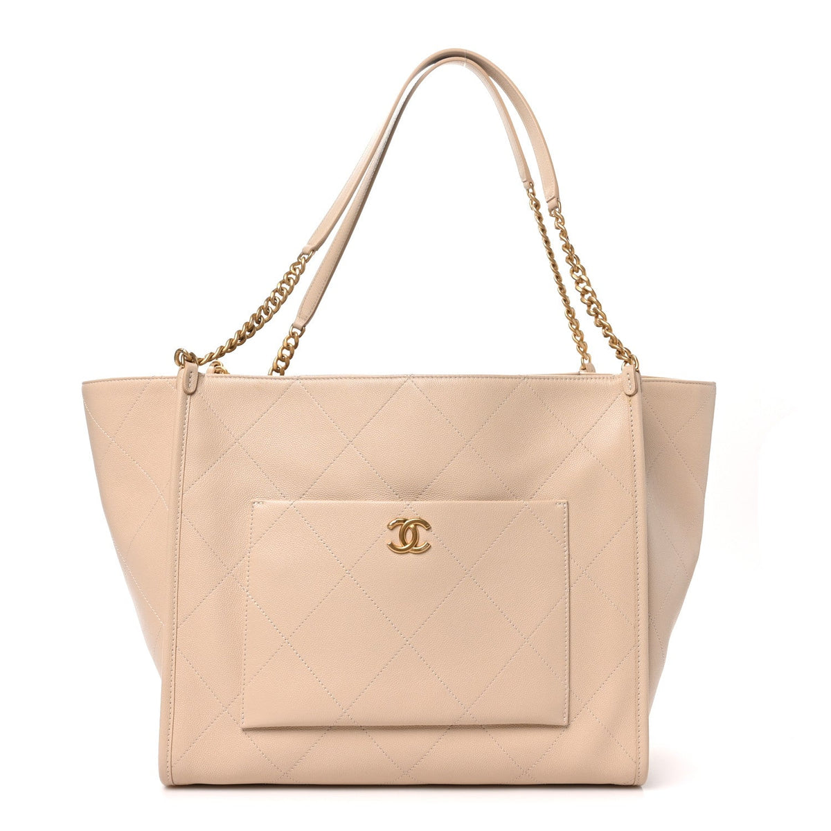 Caviar Stitched Pocket CC Large Tote Light Beige