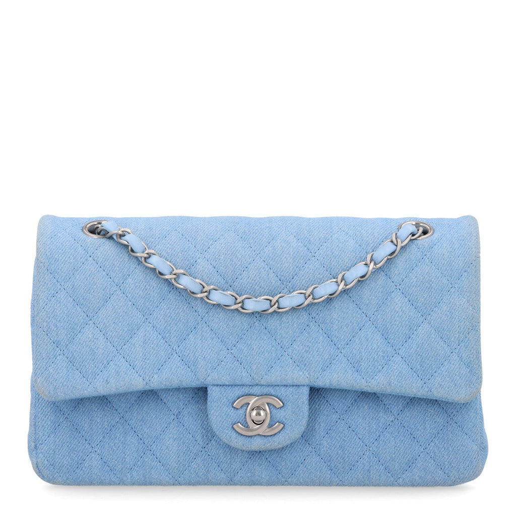 Denim Quilted Medium Double Flap Light Blue