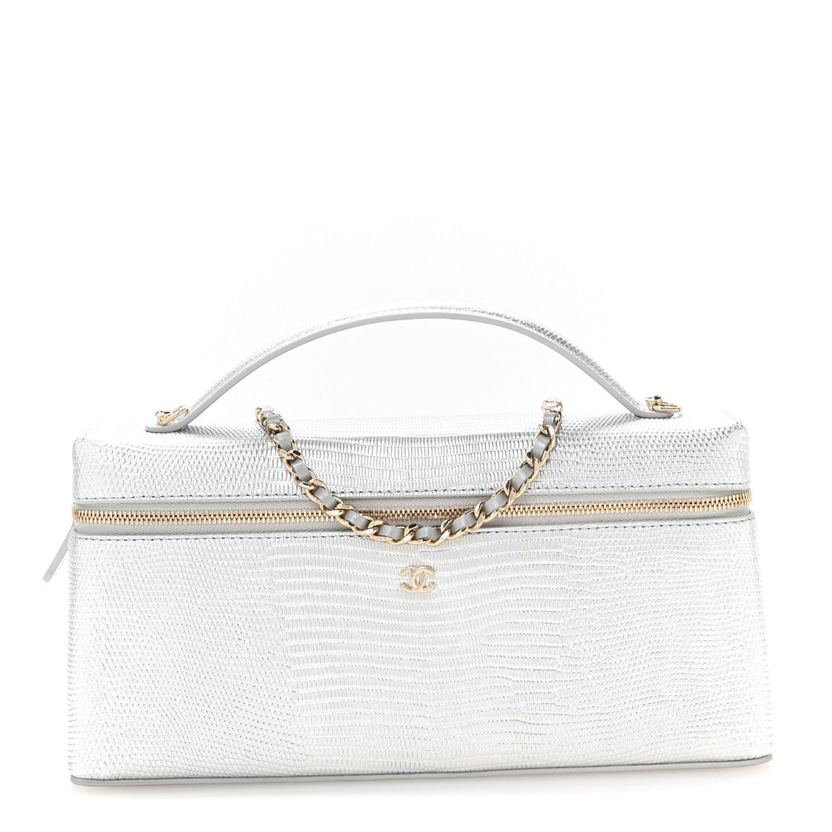 Lizard Embossed Calfskin Exoticoco Long Vanity With Chain Silvery