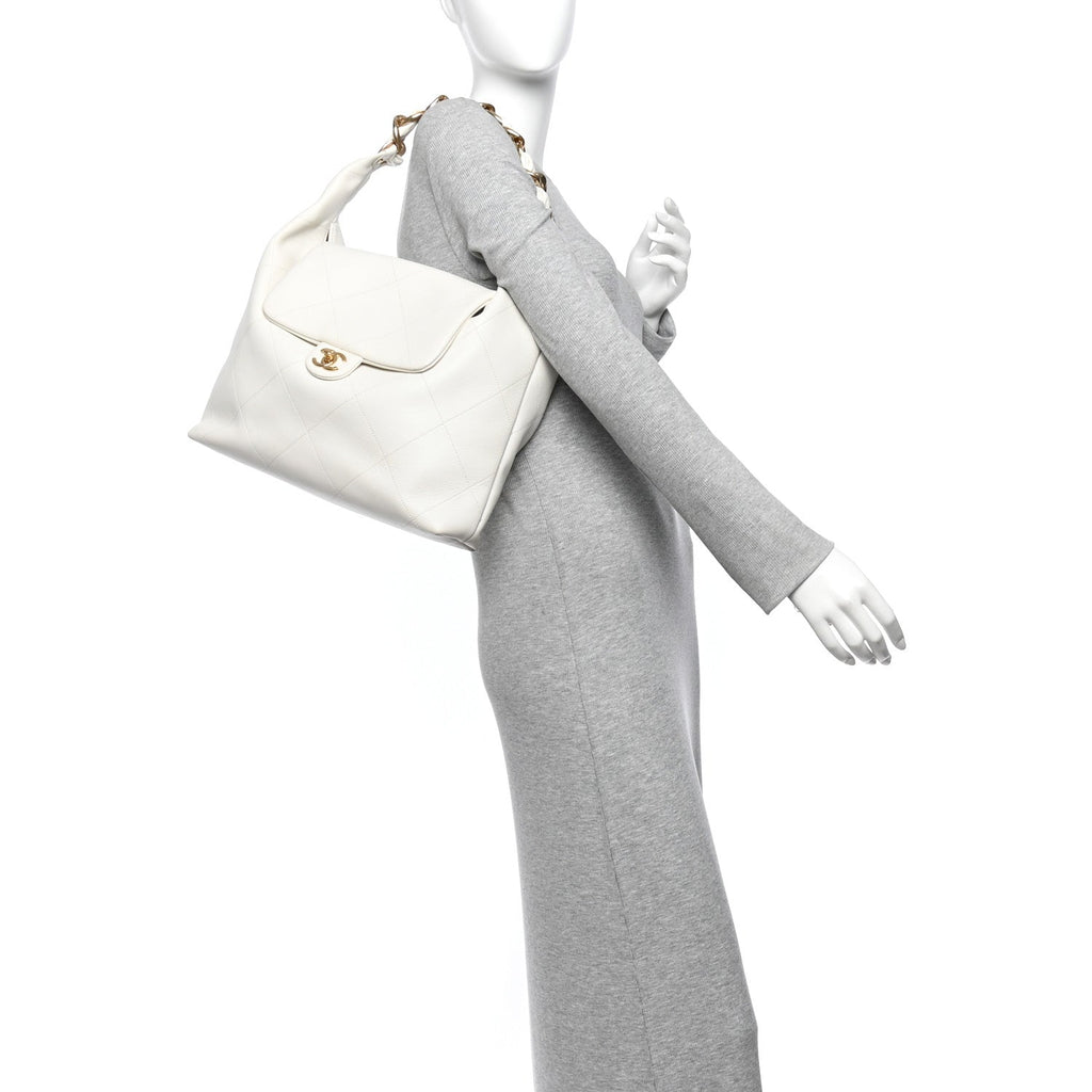 Calfskin Quilted Small Maxi Chain Hobo White