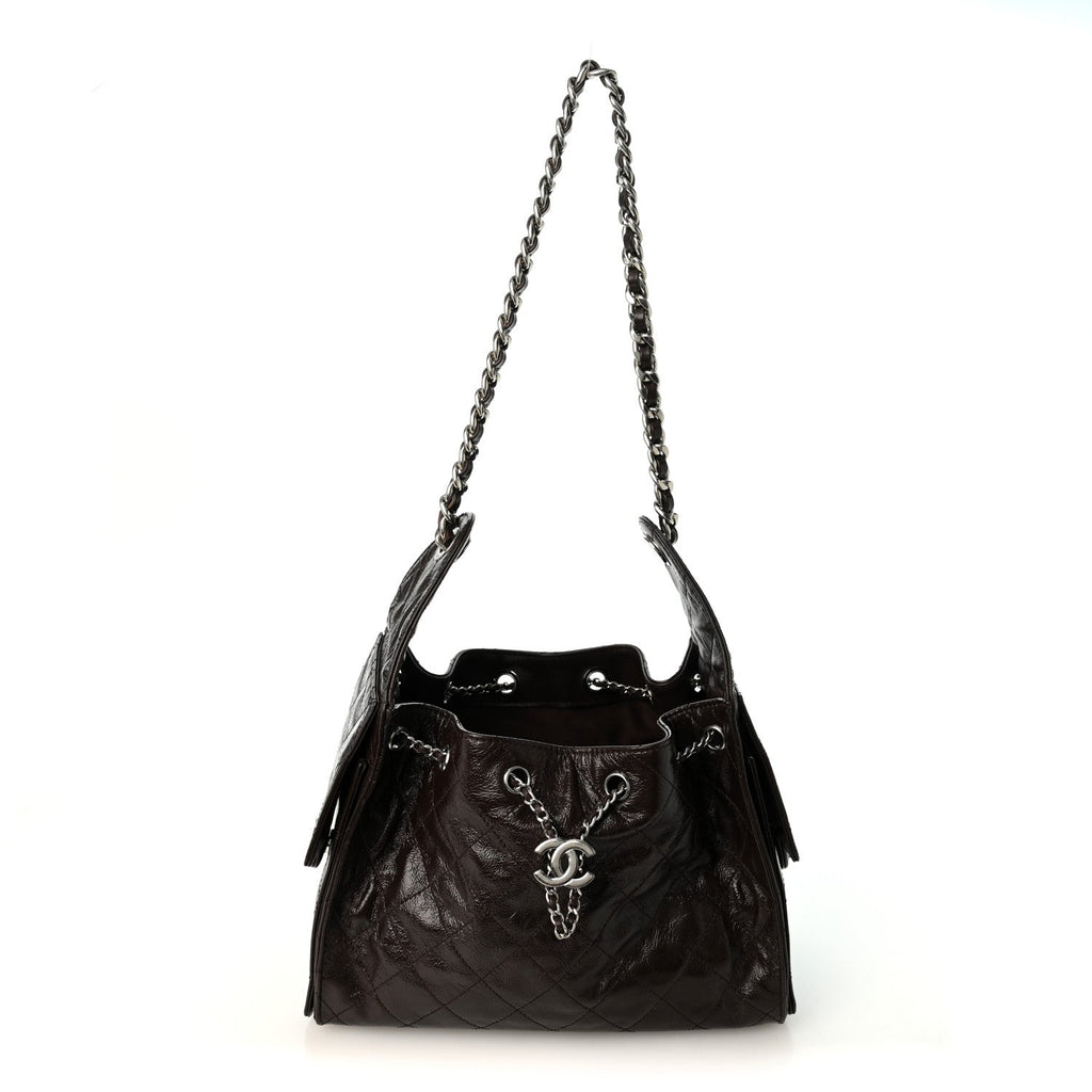 Shiny Crumpled Calfskin Quilted Small Chanel 25 Handbag Dark Brown
