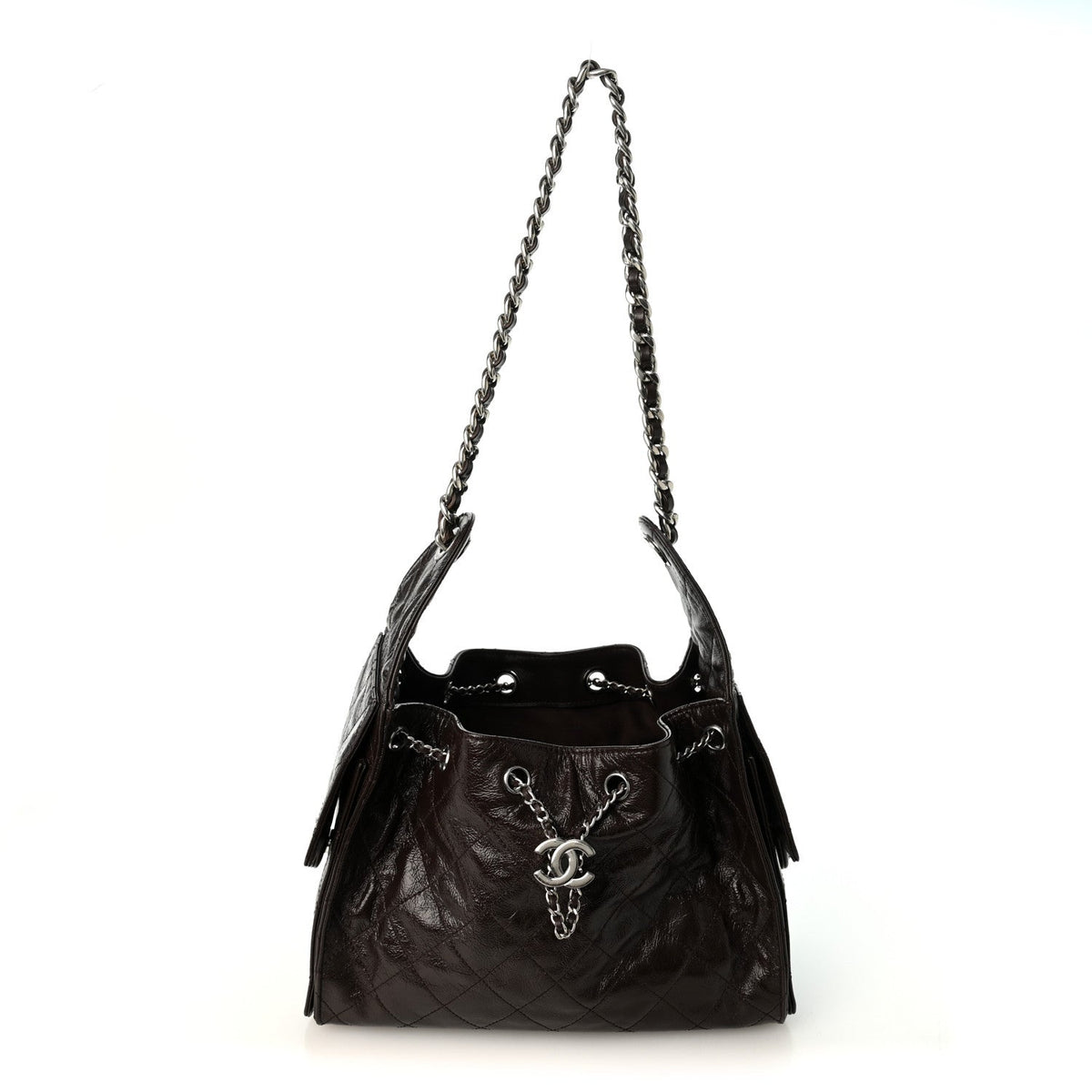 Shiny Crumpled Calfskin Quilted Small Chanel 25 Handbag Dark Brown