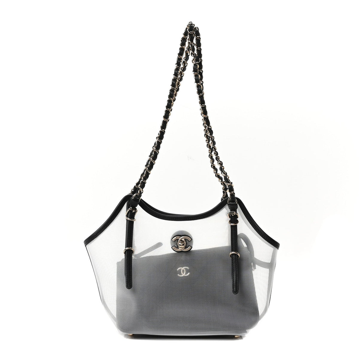 Mesh Calfskin Small Shopping Bag Transparent Black