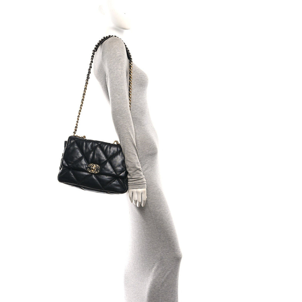 Shiny Goatskin Quilted Large Chanel 19 Flap Black