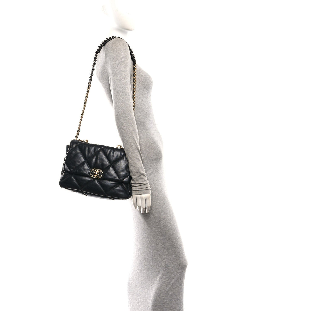 Shiny Goatskin Quilted Large Chanel 19 Flap Black