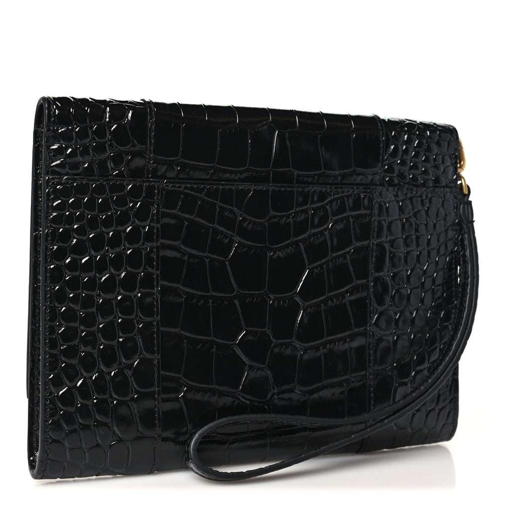 Shiny Calfskin Crocodile Embossed Hourglass Gusset Pouch Black