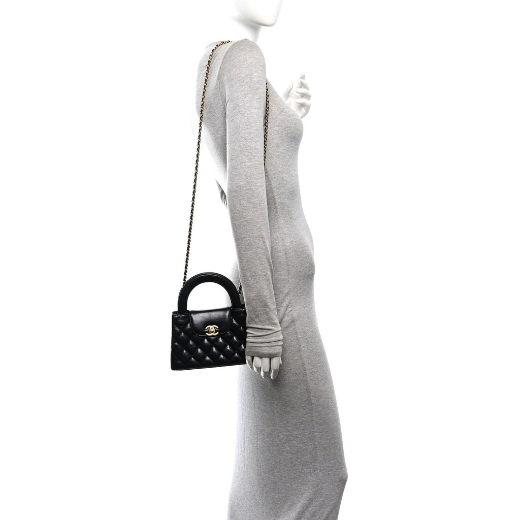Shiny Aged Calfskin Quilted Nano Kelly Shopper Black