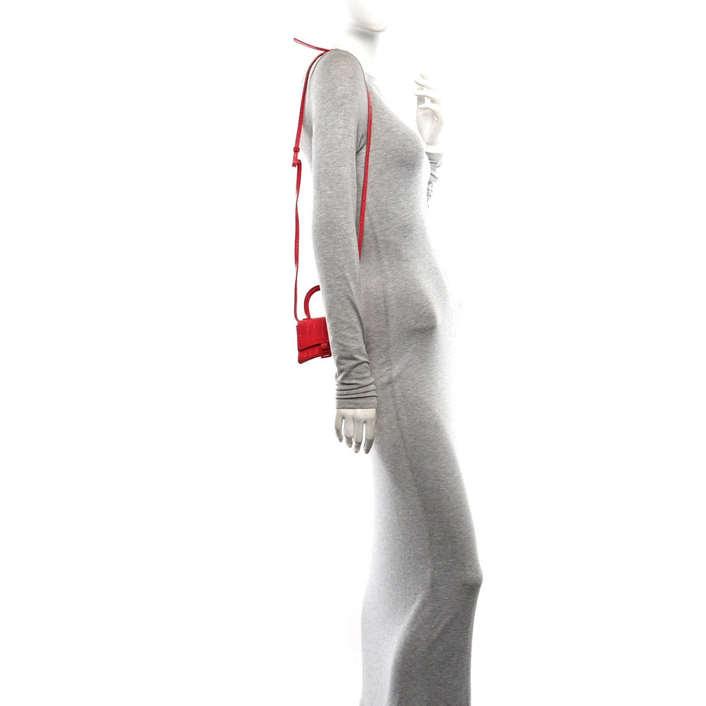 Shiny Calfskin Tonal B Crocodile Embossed Hourglass Top Handle Bag Mini Bright Red