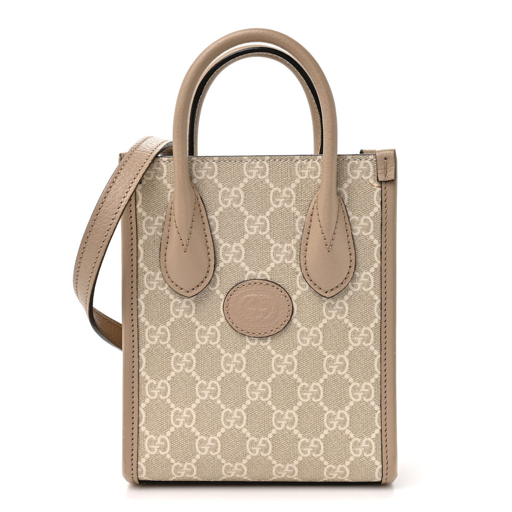 GG Supreme Monogram Textured Dollar Calfskin Mini Retro Interlocking G Tote Bag Beige Mystic White Oatmeal