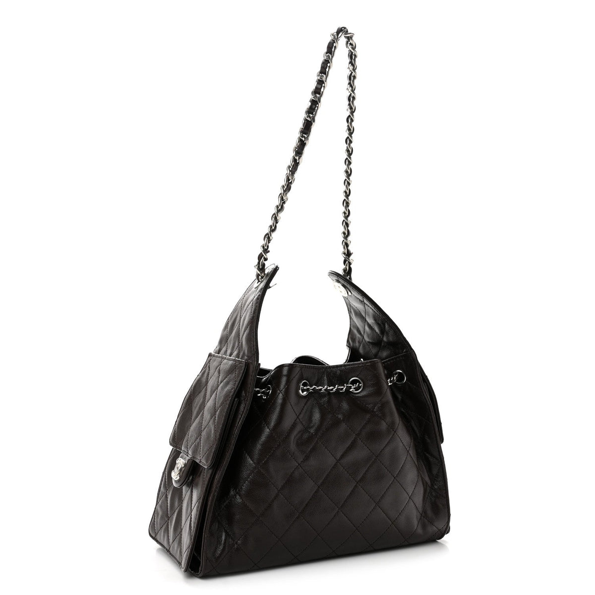 Shiny Crumpled Calfskin Quilted Small Chanel 25 Handbag Dark Brown