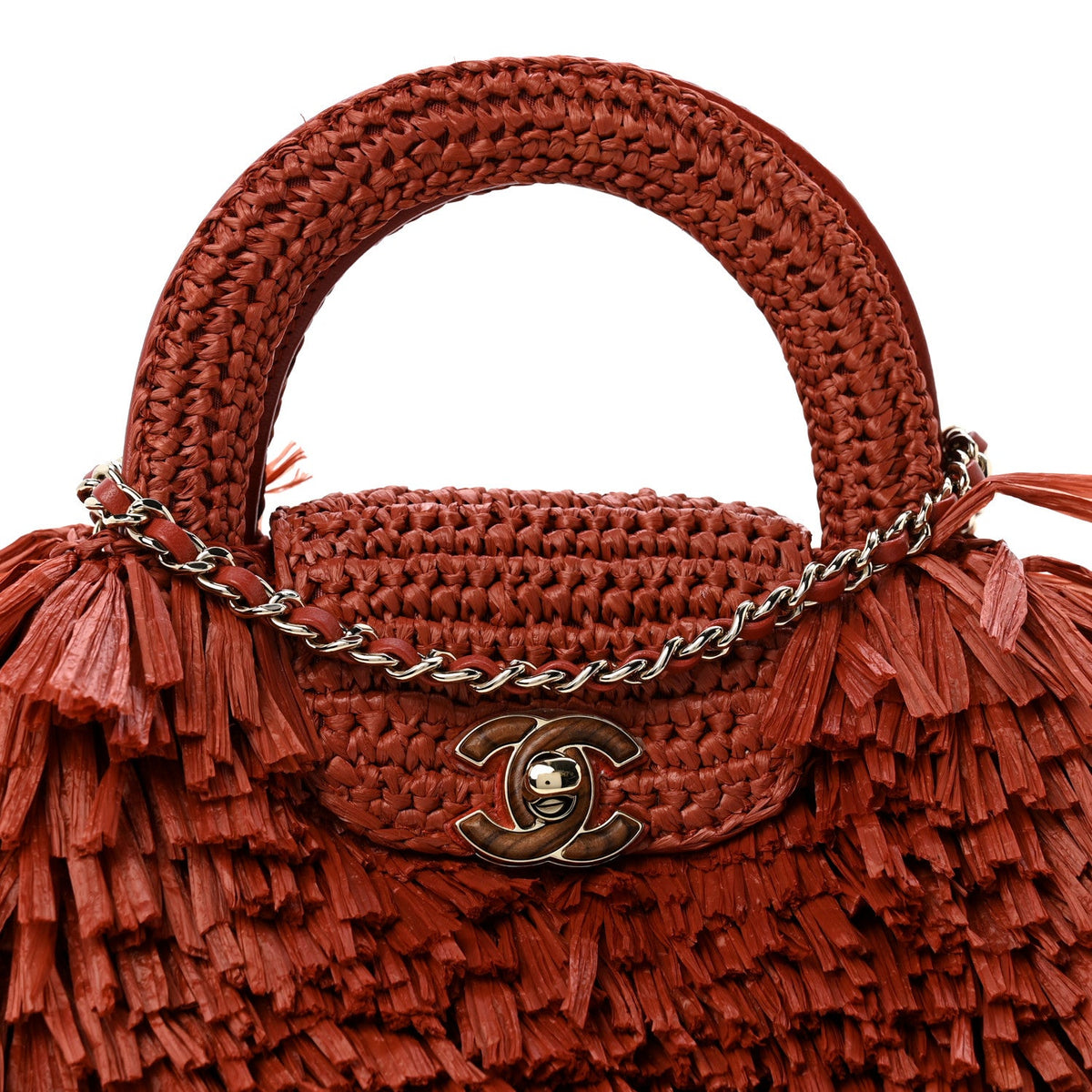 Raffia Fringe Nano Kelly Shopper Red