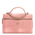 Braided Raffia Quilted Top Handle Slim Vanity Case With Chain Light Pink