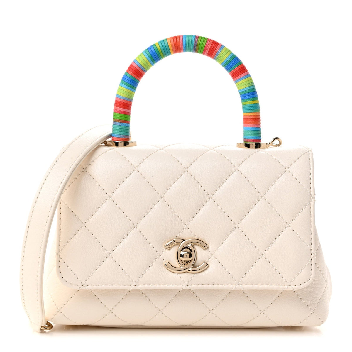 Goatskin Quilted Extra Mini Rainbow Coco Handle Flap White