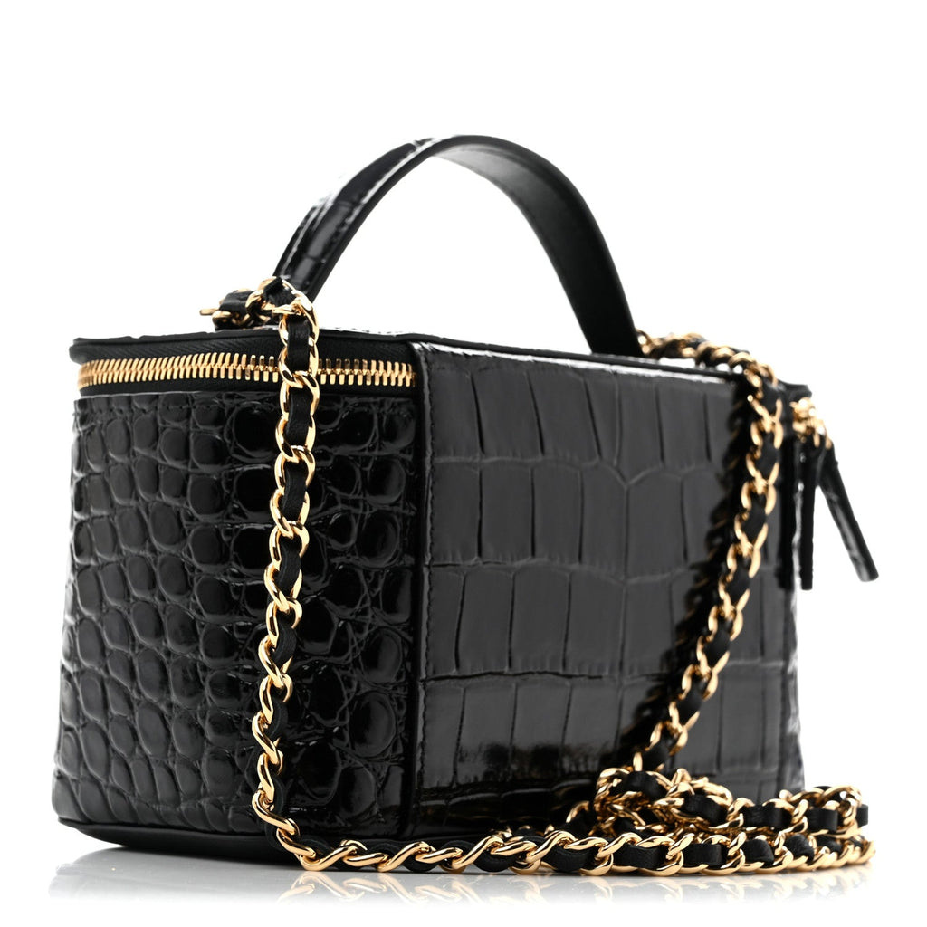 Calfskin Crocodile Embossed Crococo Small Top Handle Vanity Case With Chain Black