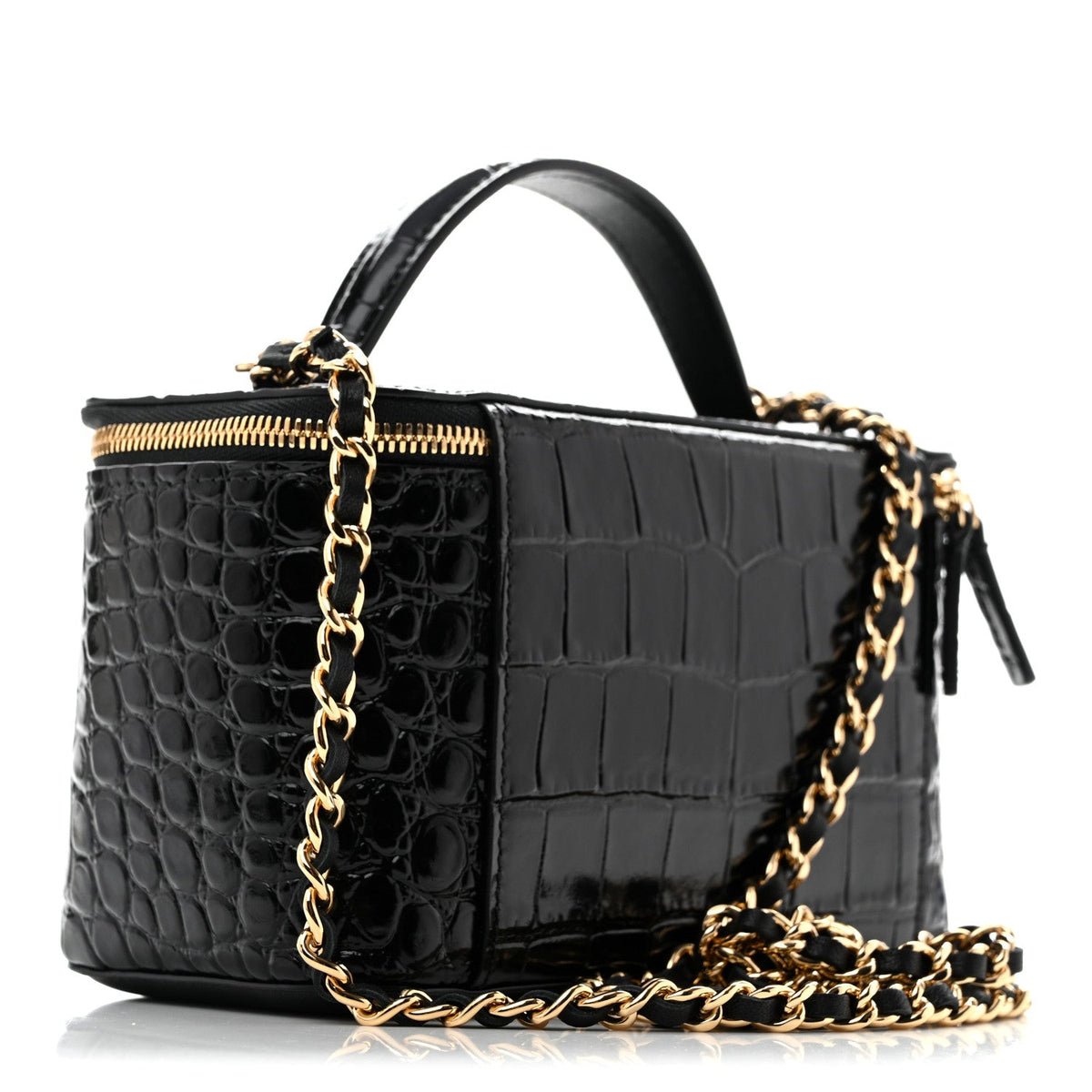 Calfskin Crocodile Embossed Crococo Small Top Handle Vanity Case With Chain Black