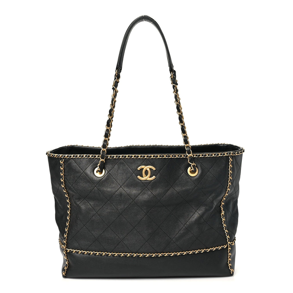 Calfskin Quilted Chain Lines Shopping Tote Black