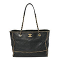 Calfskin Quilted Chain Lines Shopping Tote Black