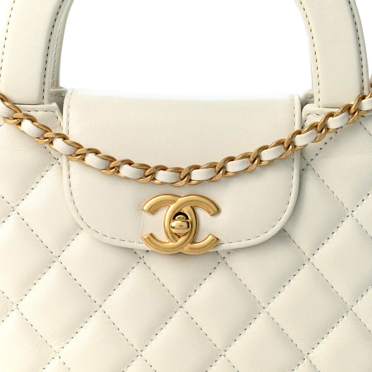 Shiny Aged Calfskin Quilted Nano Kelly Shopper White