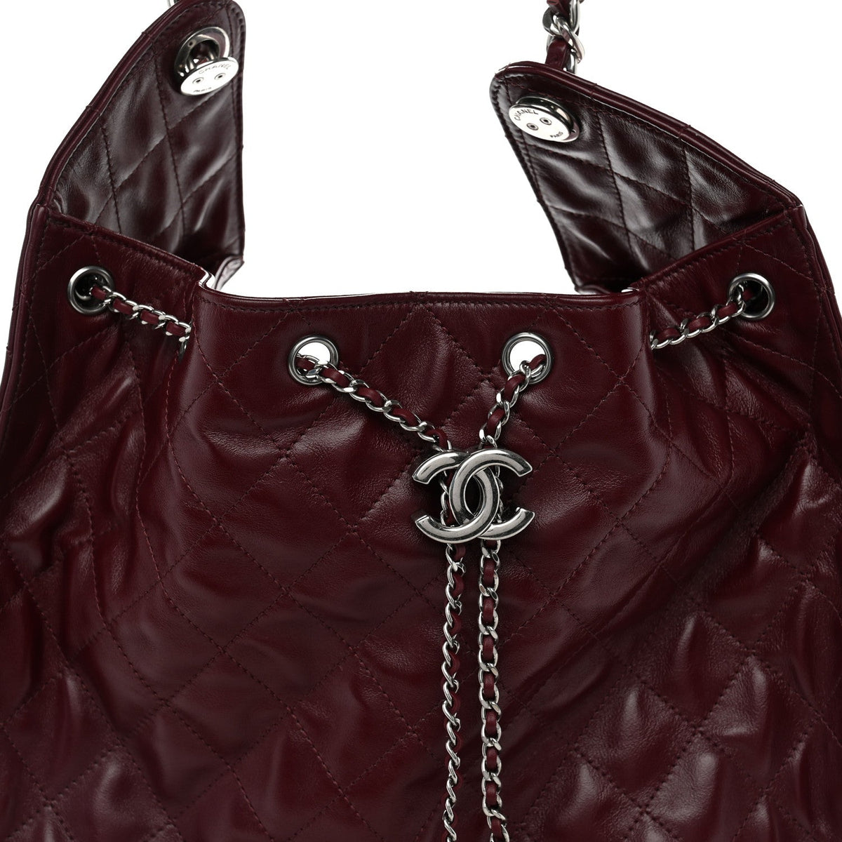 Shiny Crumpled Calfskin Quilted Medium Chanel 25 Handbag Dark Burgundy