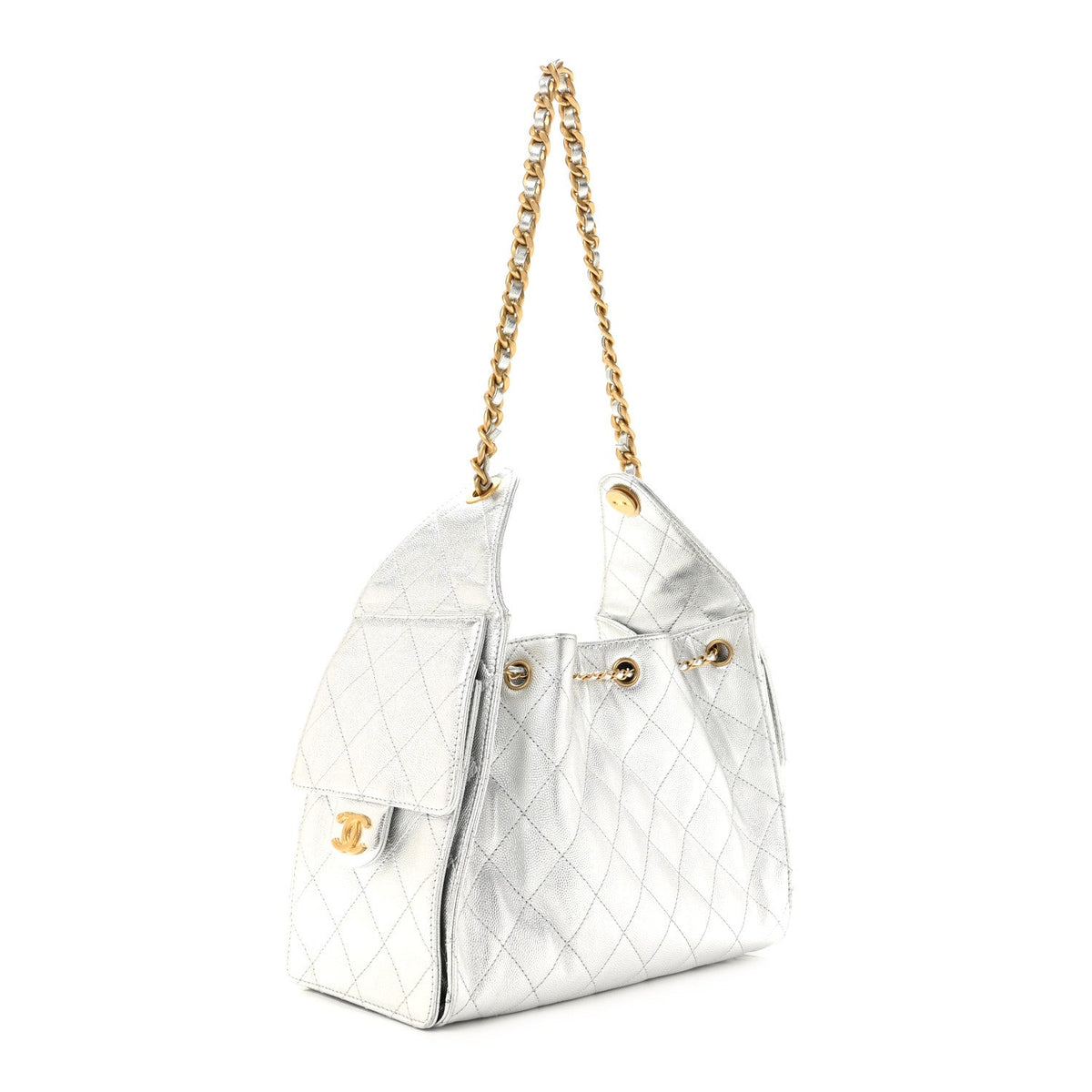 Metallic Caviar Quilted Small Chanel 25 Handbag Silver