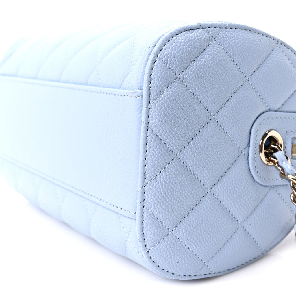 Caviar Quilted Barrel Clutch With Chain Light Blue
