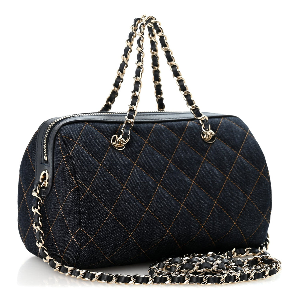 Denim Quilted Barrel Clutch With Chain Dark Blue Orange