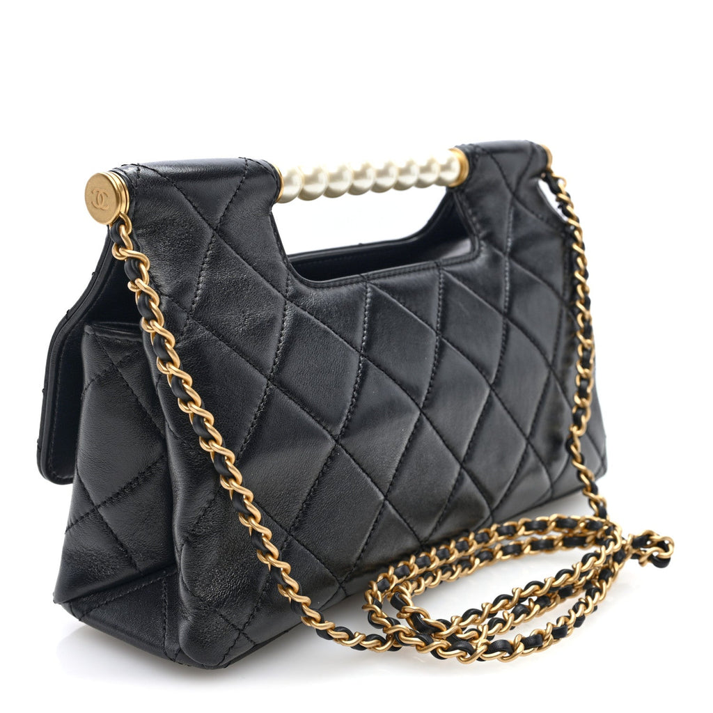 Shiny Lambskin Pearl Top Handle Flap Shopping Bag Black