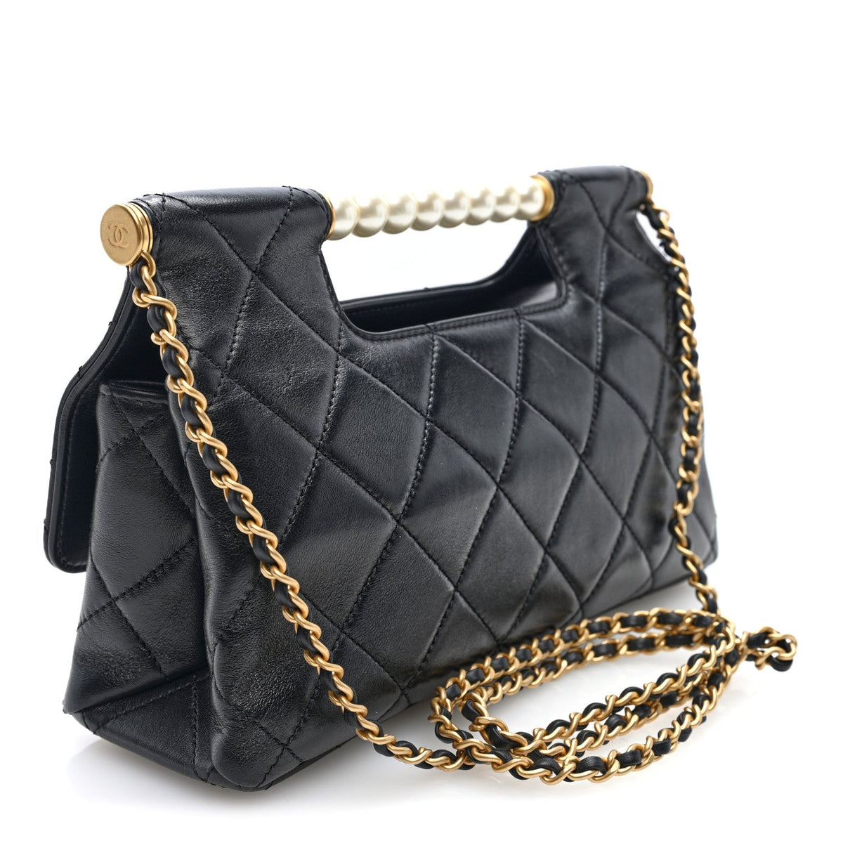 Shiny Lambskin Pearl Top Handle Flap Shopping Bag Black