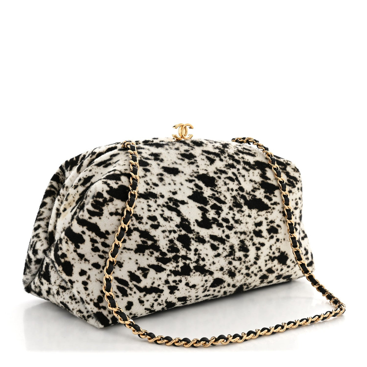 Lambskin Pony Hair Printed Clutch With Chain Black White