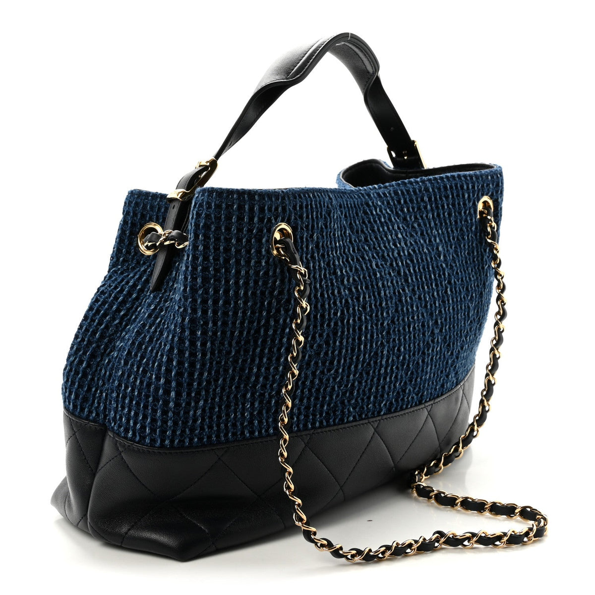 Tweed Shiny Lambskin Quilted Coco Base Small Shopping Bag Dark Blue