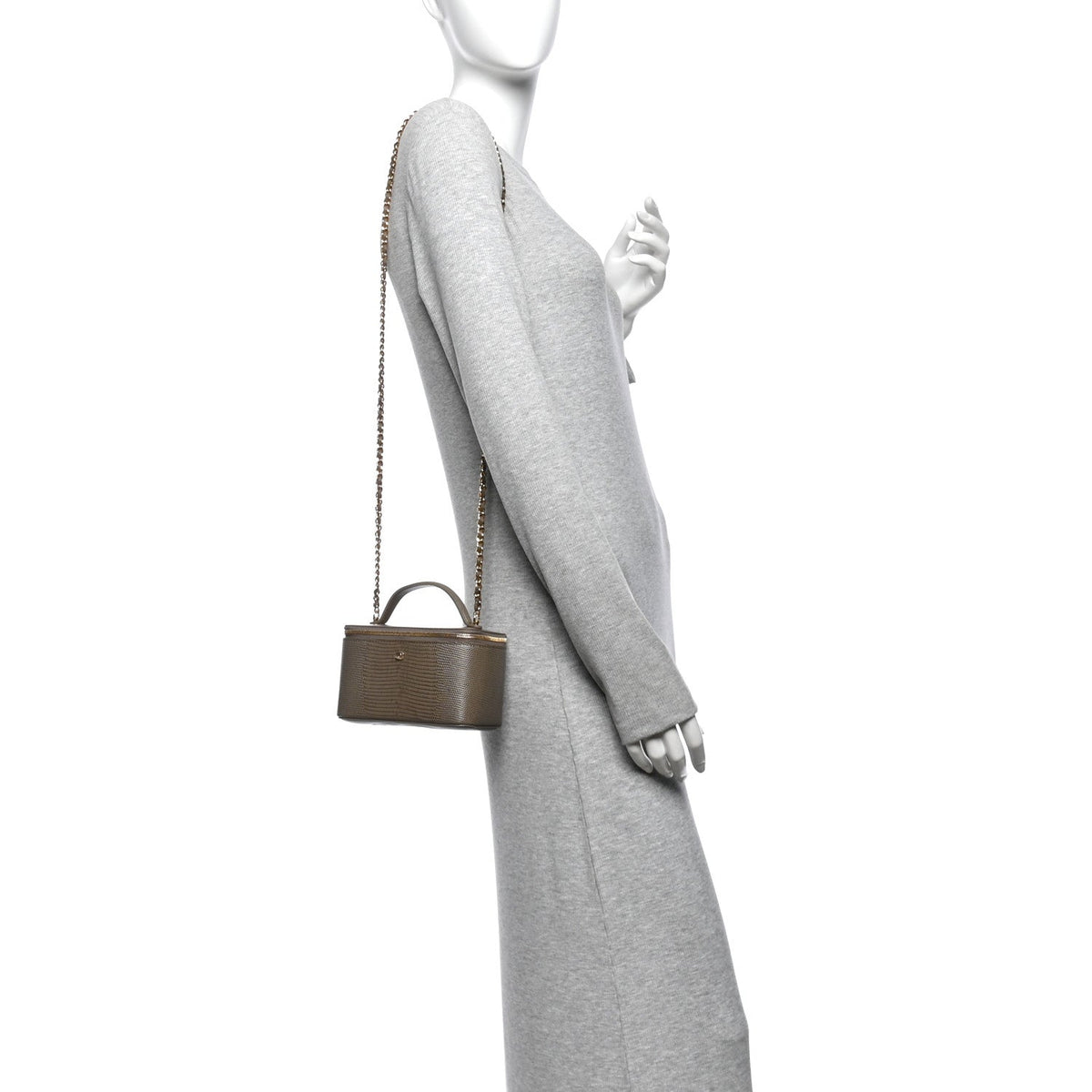 Calfskin Lizard Embossed Top Handle Vanity With Chain  Dark Khaki