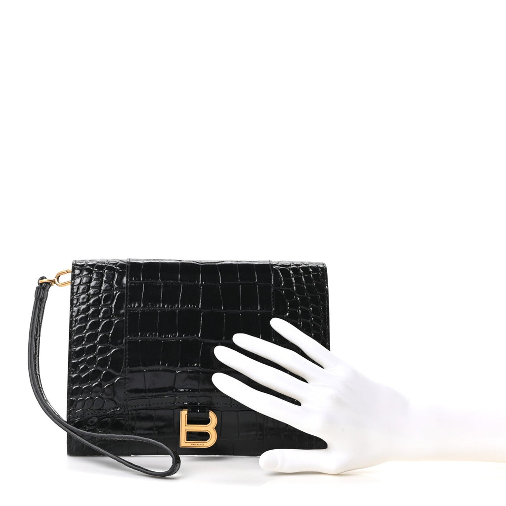 Shiny Calfskin Crocodile Embossed Hourglass Gusset Pouch Black