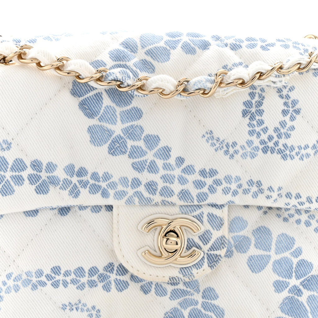 Printed Denim Coco Beach Quilted Small Single Flap Light Blue White