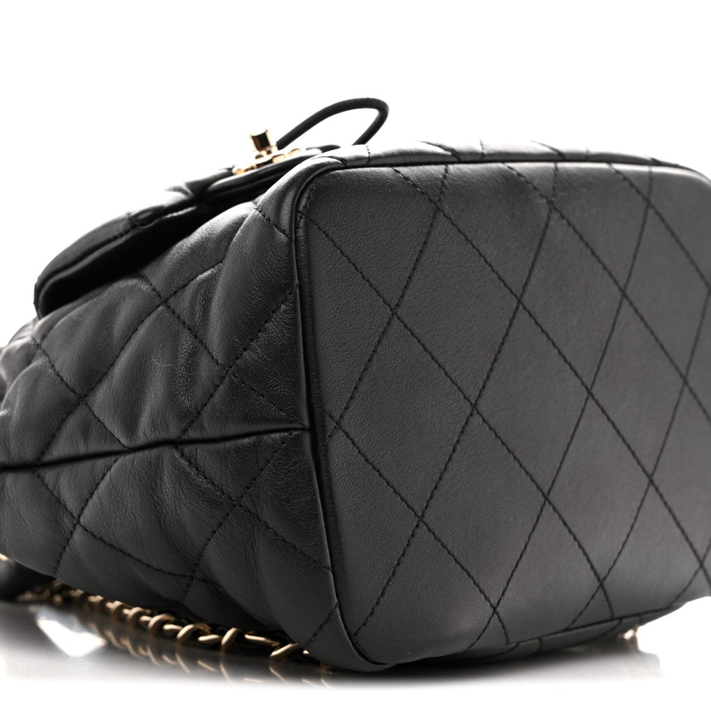 Calfskin Quilted Double Pocket Drawstring Backpack Black