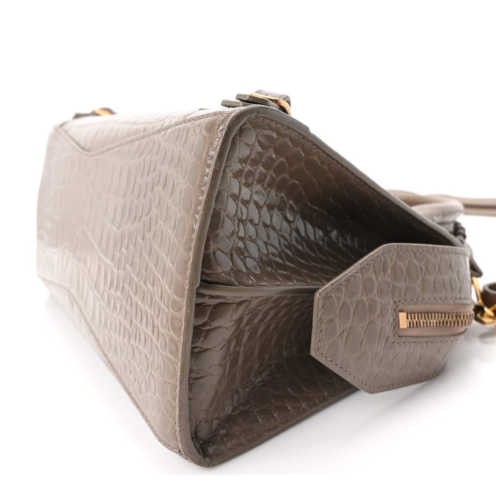 Shiny Supple Calfskin Crocodile Embossed Neo Classic Gold Hardware S City Mink Grey
