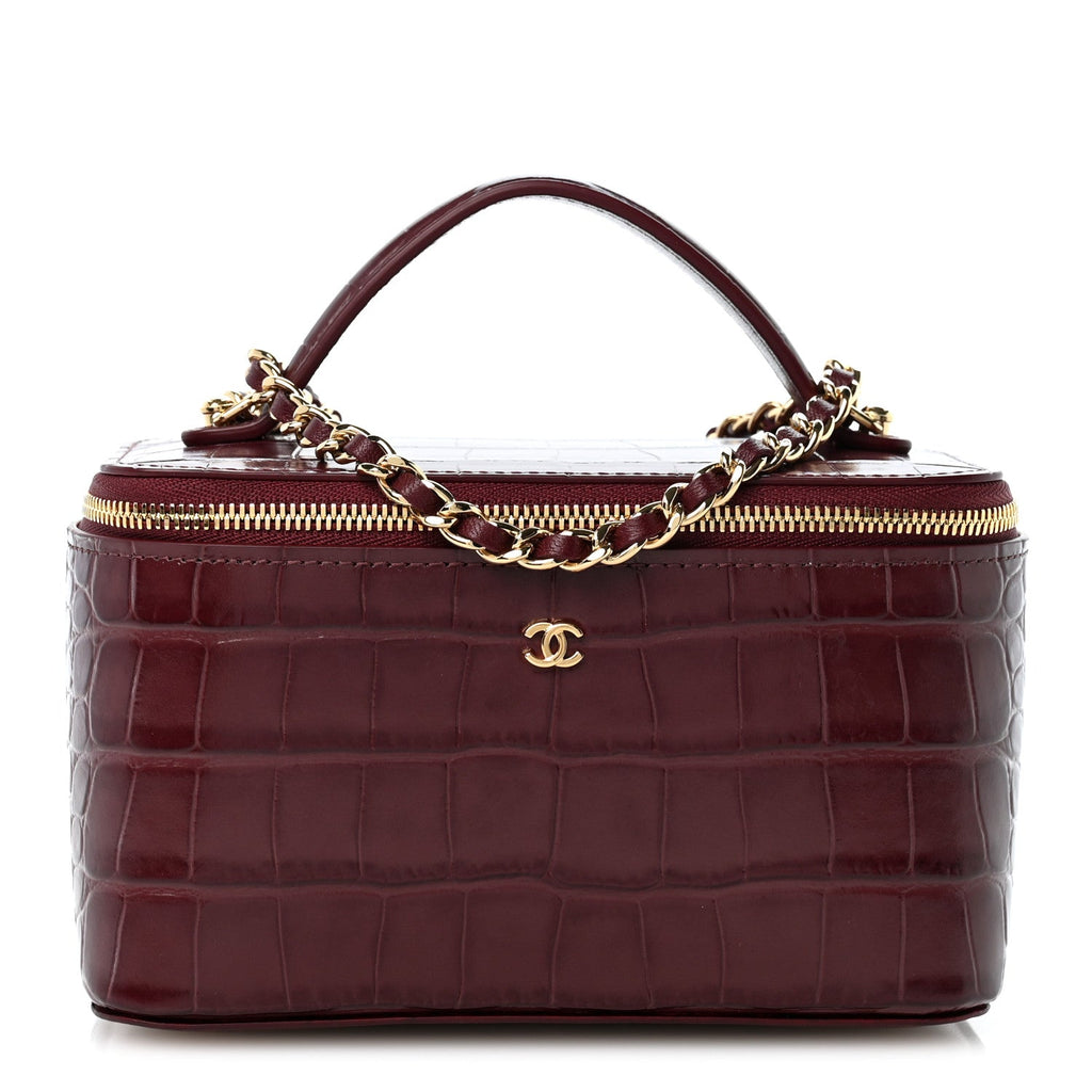 Calfskin Crocodile Embossed Crococo Small Top Handle Vanity Case With Chain Dark Burgundy