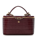 Calfskin Crocodile Embossed Crococo Small Top Handle Vanity Case With Chain Dark Burgundy