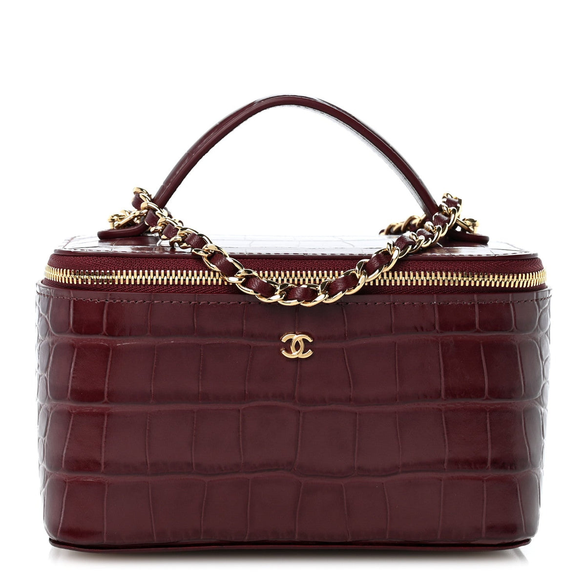 Calfskin Crocodile Embossed Crococo Small Top Handle Vanity Case With Chain Dark Burgundy