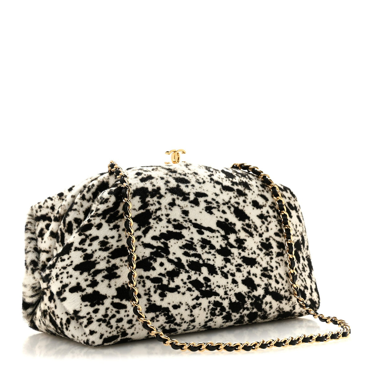 Lambskin Pony Hair Printed Clutch With Chain Black White