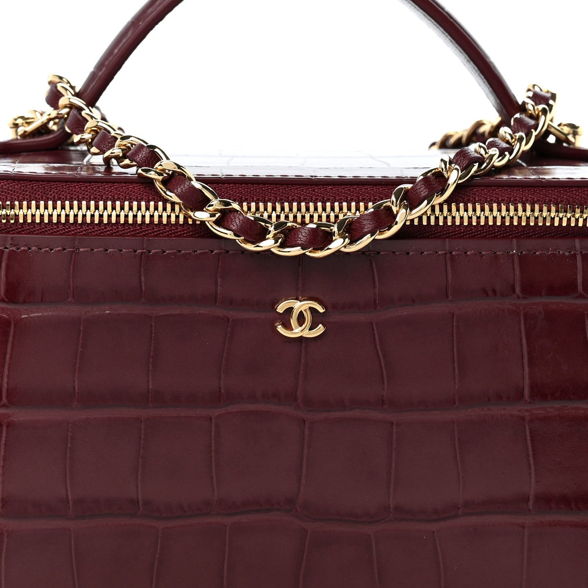 Calfskin Crocodile Embossed Crococo Small Top Handle Vanity Case With Chain Dark Burgundy