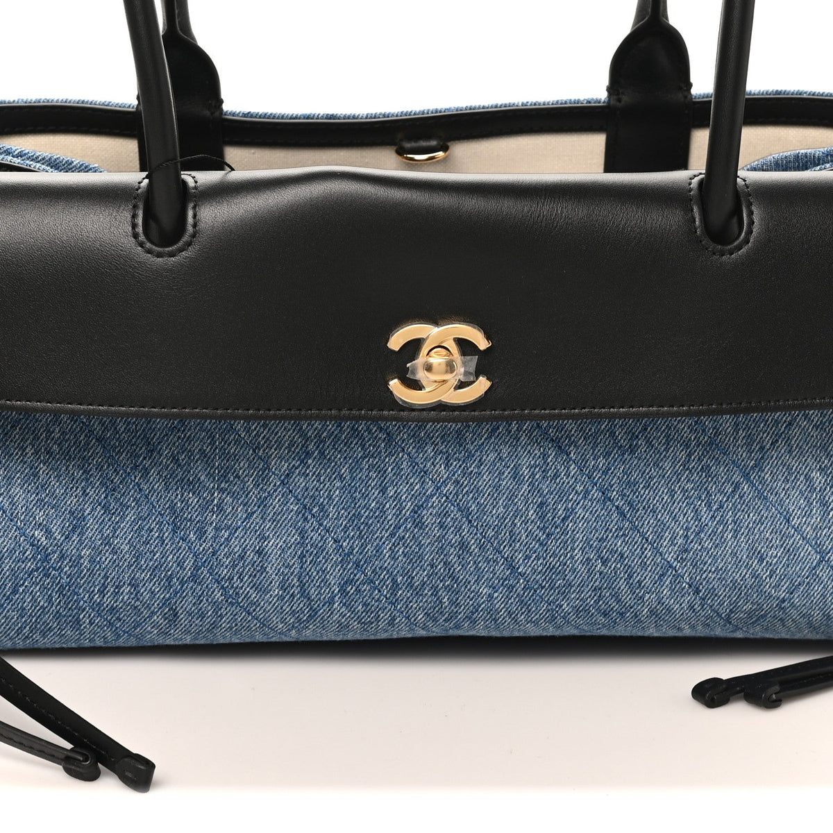 Calfskin Denim Stitched Urban Essentials Small Shopping Bag Blue Black