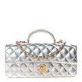 Metallic Caviar Quilted Top Handle East West Flap Silver