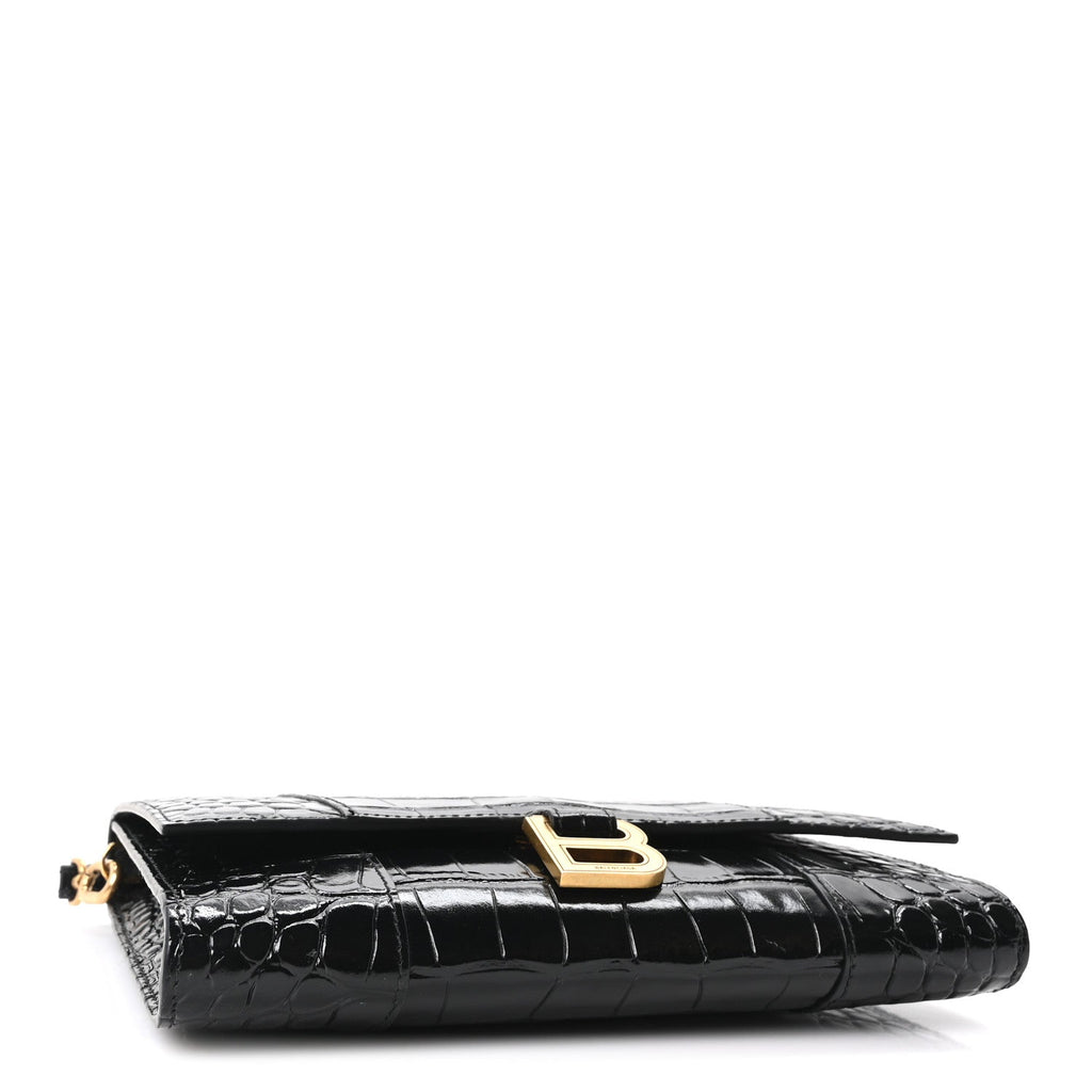 Shiny Calfskin Crocodile Embossed Hourglass Gusset Pouch Black