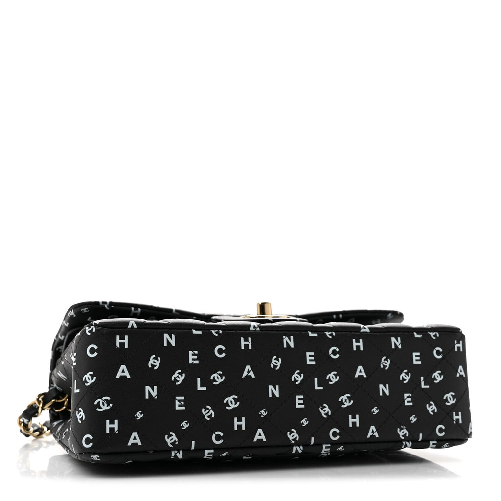 Calfskin Quilted Logo CC Printed Small Double Flap Black White