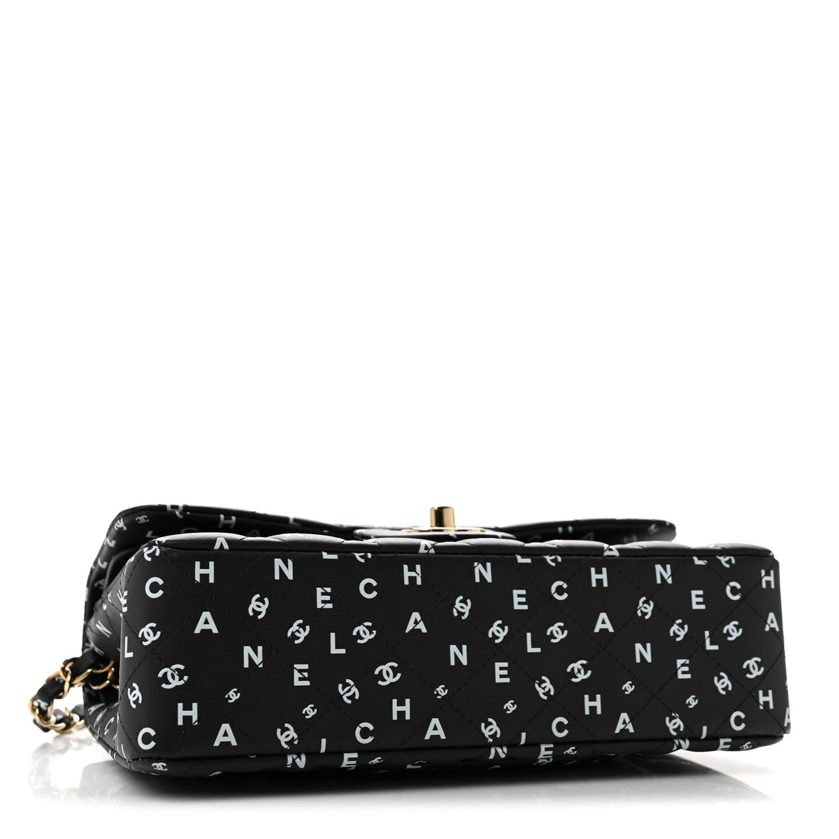 Calfskin Quilted Logo CC Printed Small Double Flap Black White