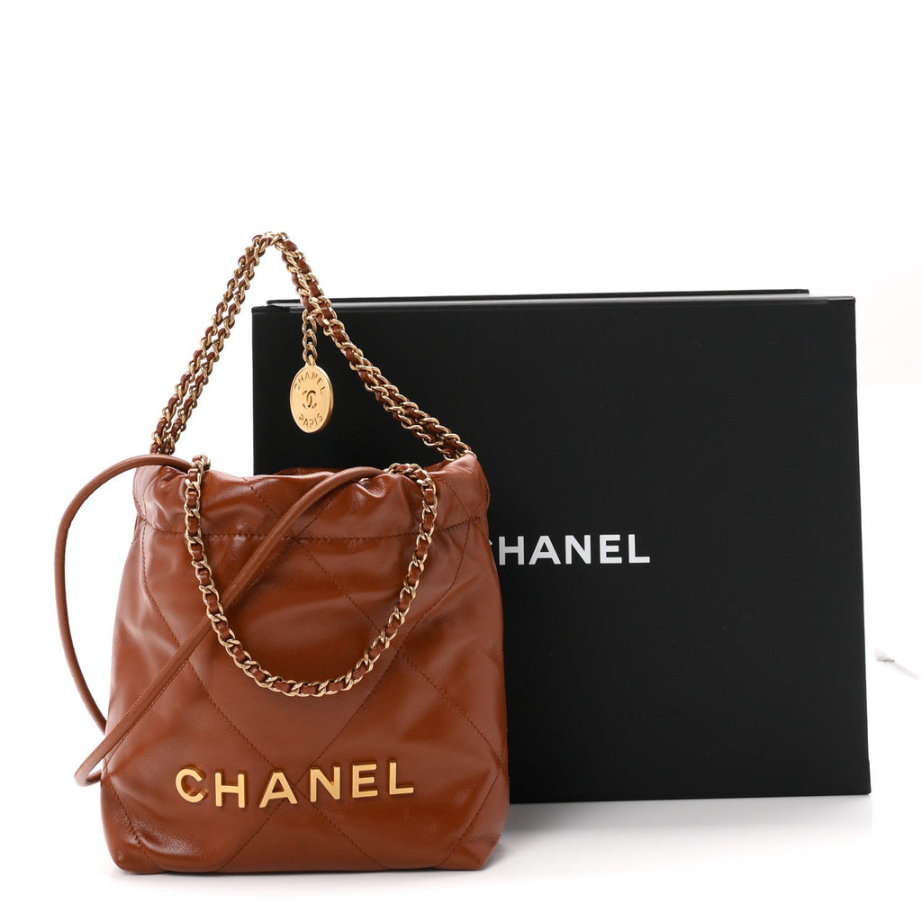 Shiny Calfskin Quilted Mini Chanel 22 Light Brown