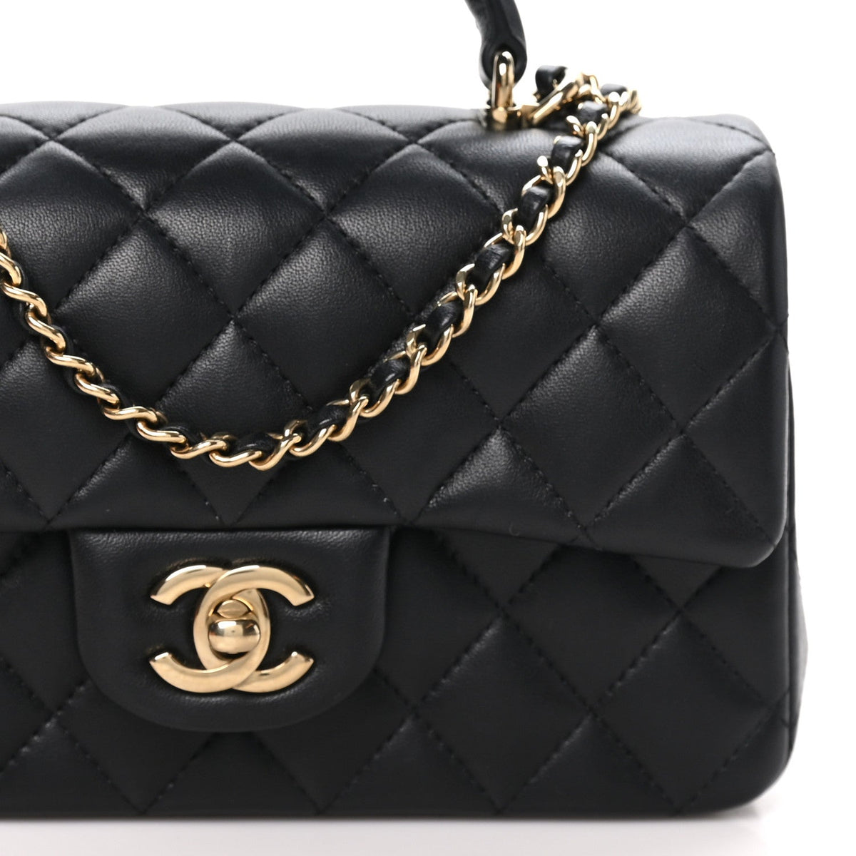 Lambskin Quilted Mini Top Handle Rectangular Flap Black