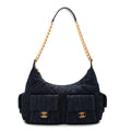 Washed Denim Quilted Cargo Large Hobo Dark Blue