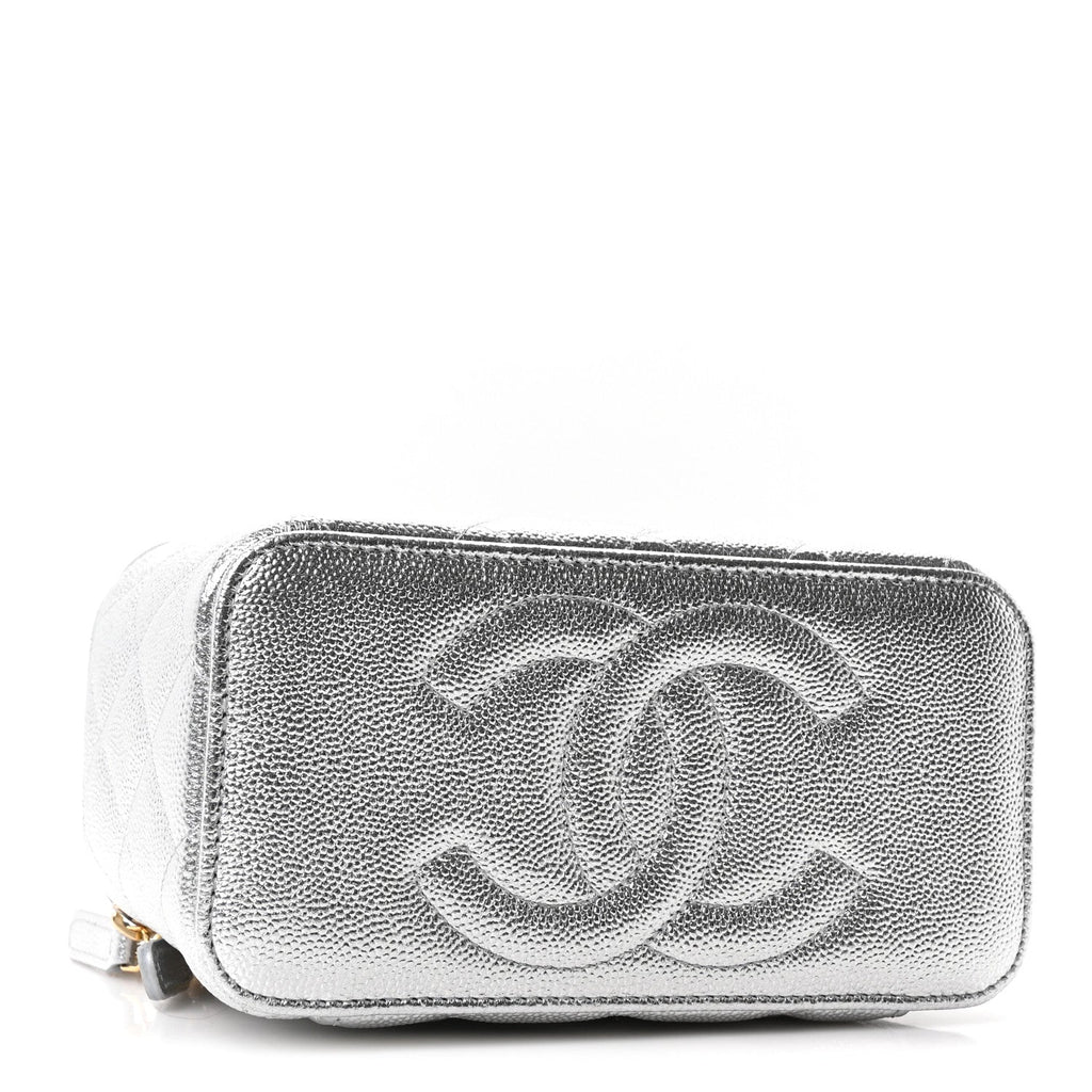 Metallic Caviar Quilted Top Handle Slim Vanity Case With Chain Silver