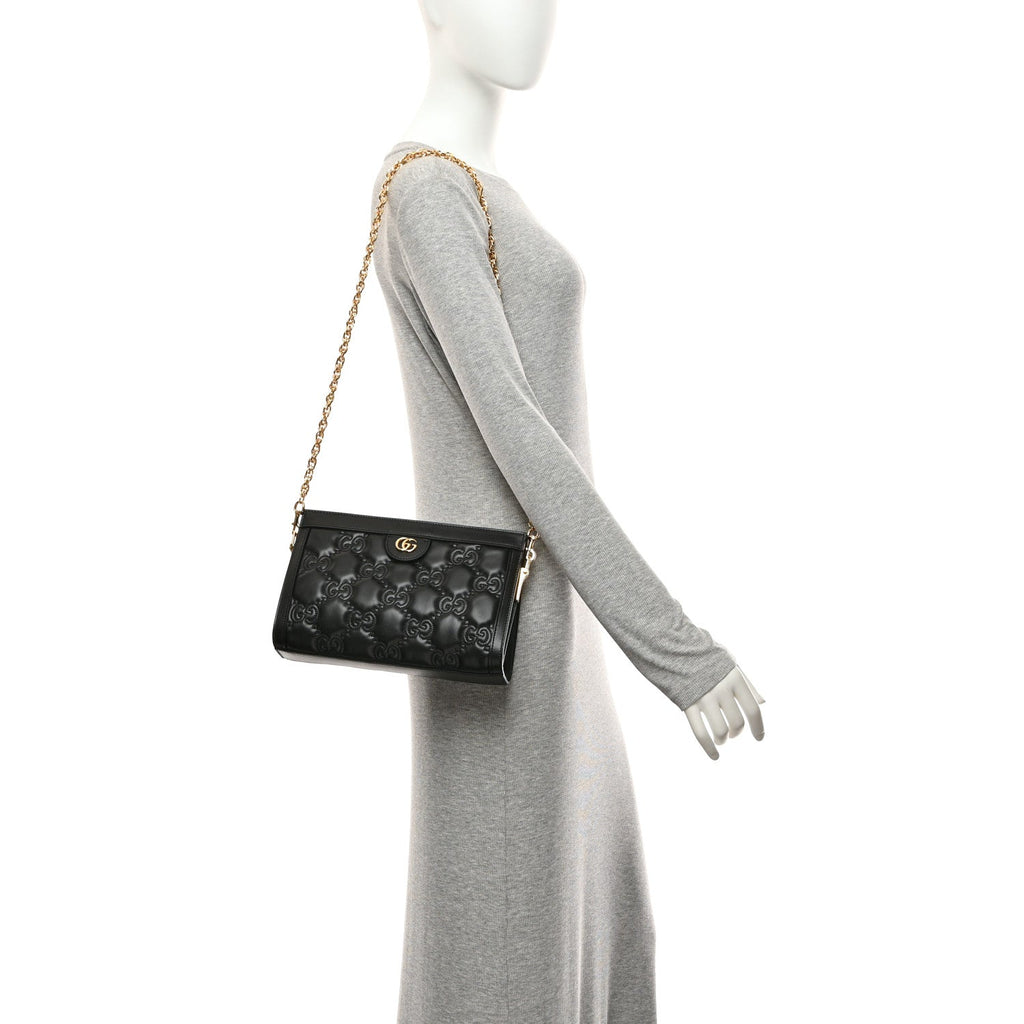 Calfskin GG Matelasse Small Slim Chain Shoulder Bag Black Natural